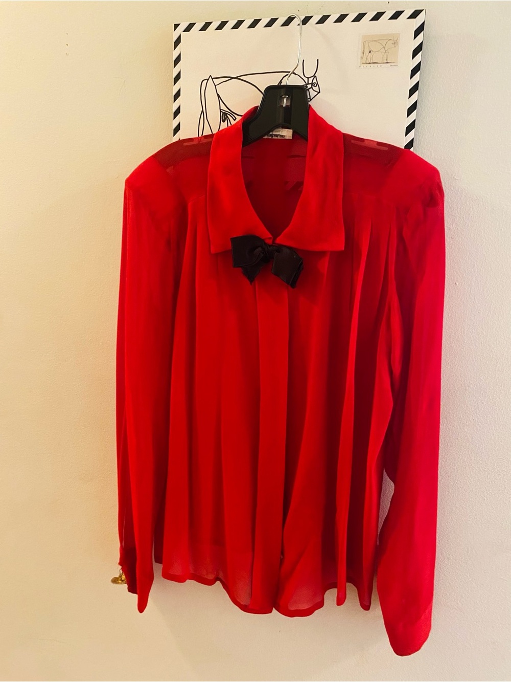 Yves Saint Laurent Red Sheer Blouse with Black Neck Bow, Collectors Item!